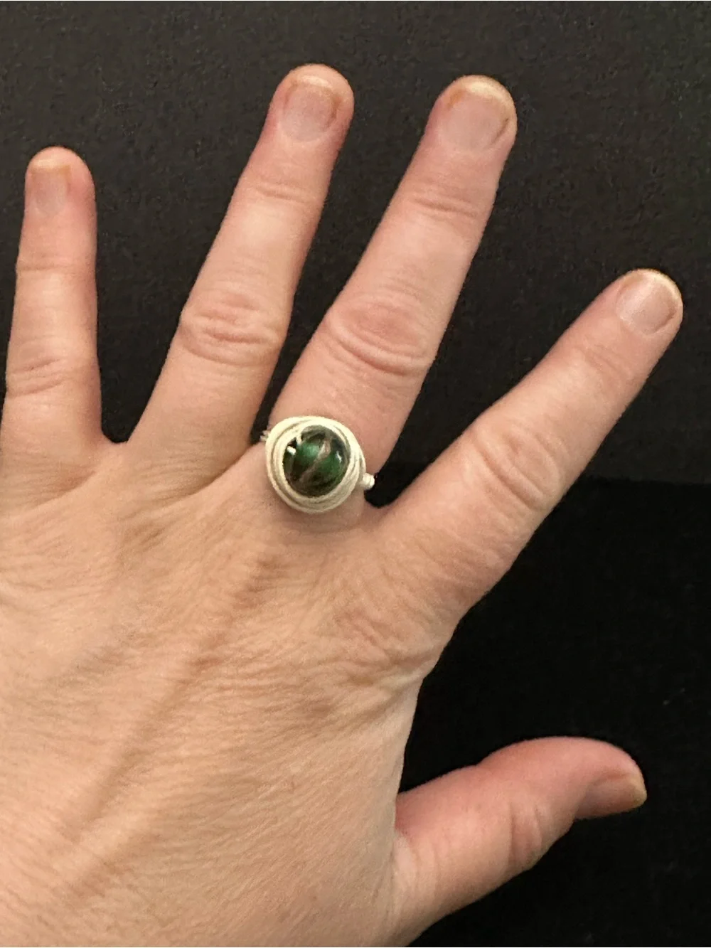 Handcrafted Antique White Silver Vermeil Ring with Green and Gold Stone